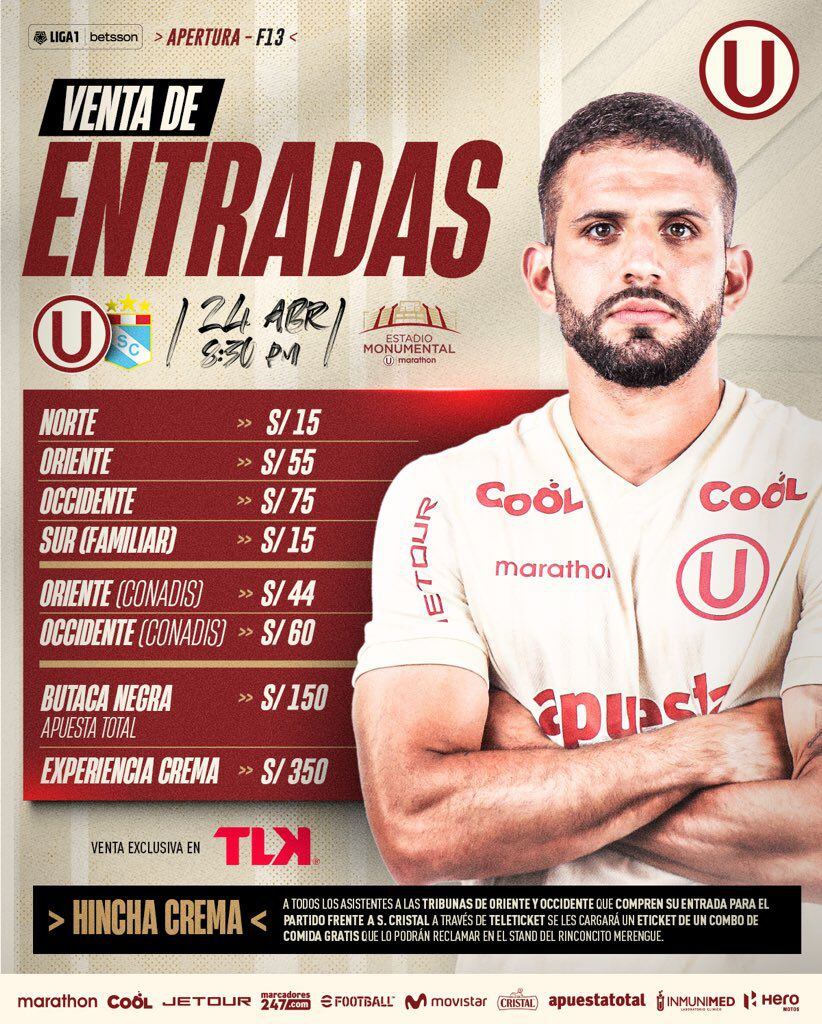 Ticket prices for Universitario vs Sporting Cristal for date 13 of League 1.