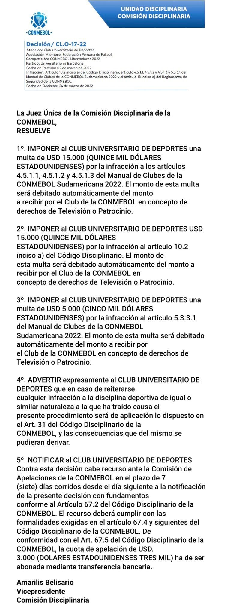 Resolución de la Conmebol.