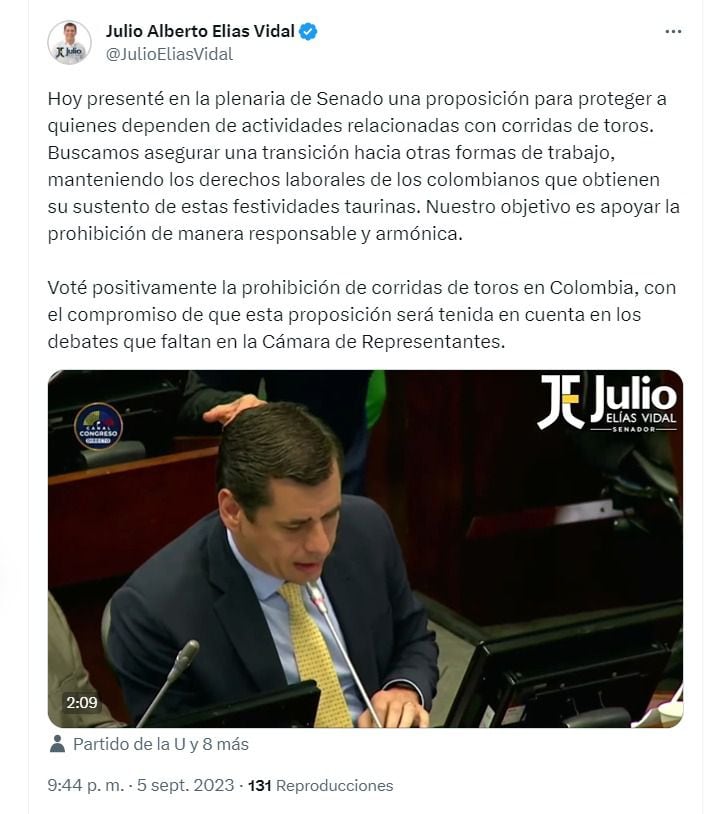 El senador Julio Alberto Elías, del partido de la U, dejó constancia de que fomentará propuestas que busquen alternativas para los dependientes de actividades relacionadas con el toreo - crédito @JulioEliasVidal/X