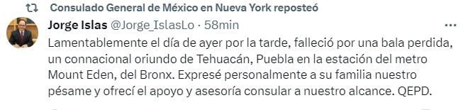 El cónsul de México en Nueva York confirmó la nacionalidad de la persona que murió durante la balacera. X/@ConsulMexNuy