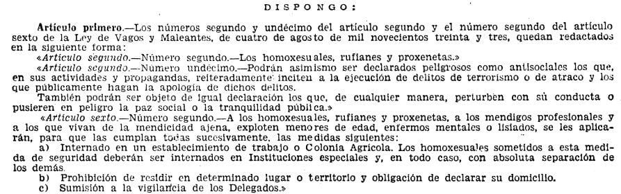 Extracto de los artículos modificados el 15 de julio de 1954 para incluir a los homosexuales dentro de la ley de vagos y maleantes. (BOE)