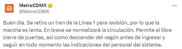 La Línea 1 presenta algunas fallas en el recorrido de este jueves. 
Foto: TW Metro CDMX