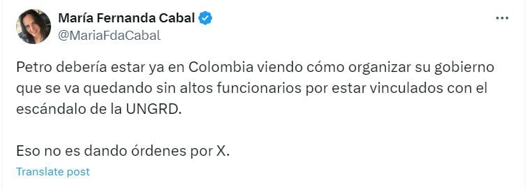 Por el escándalo de la Ungrd, la senadora Cabal pidió el regreso de Gustavo Petro al territorio colombiano - crédito @MariaFdaCabal/X