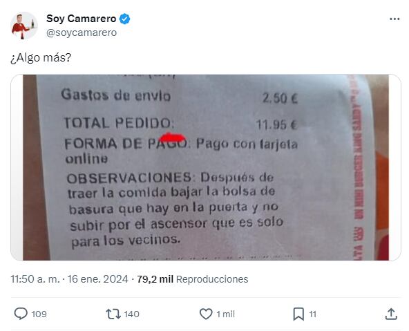 Comentario de un cliente al repartidor de la cadena donde había pedido comida a domicilio