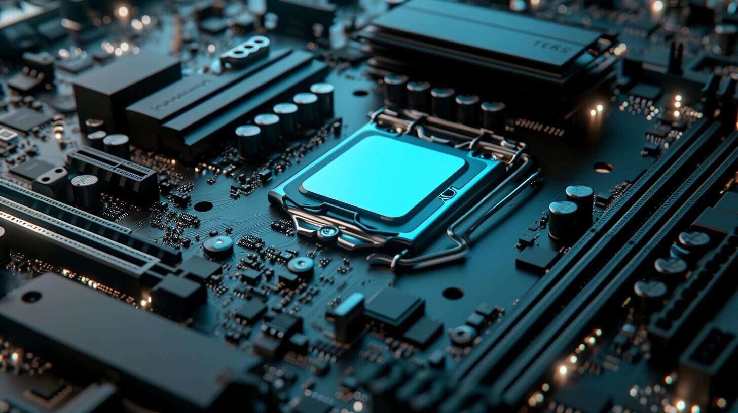 Vista detallada de un motherboard con un microchip y una CPU, ilustrando la compleja red de circuitos y componentes electrónicos. La imagen refleja cómo estos elementos son fundamentales en el desarrollo de la computación, la informática y la inteligencia artificial. Resalta la similitud entre los circuitos del motherboard y las conexiones neuronales del cerebro humano, simbolizando la fusión de tecnología y ciencia en la era digital. (Imagen ilustrativa Infobae)