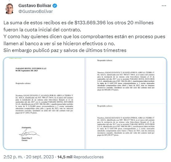 El candidato a la Alcaldía de Bogotá Gustavo Bolívar compartió las capturas de pantalla de las transacciones que le realizó a la familia Bruno Díaz - crédito @GustavoBolivar/X