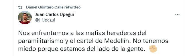 Daniel Quintero, alcalde de Medellín, denuncia amenazas contra su exsecretario y delfín político Juan Carlos Upegui. Foto: Twitter.