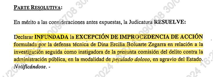 Rechazan en primera instancia recurso planteado por la defensa de Dina Boluarte en investigación por peculado doloso