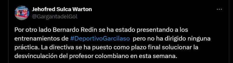 Al parecer, Bernardo Redín ya no venía dirigiendo los entrenamientos del Deportivo Garcilaso por su proceso de salida - crédito @GargangadelGol/X