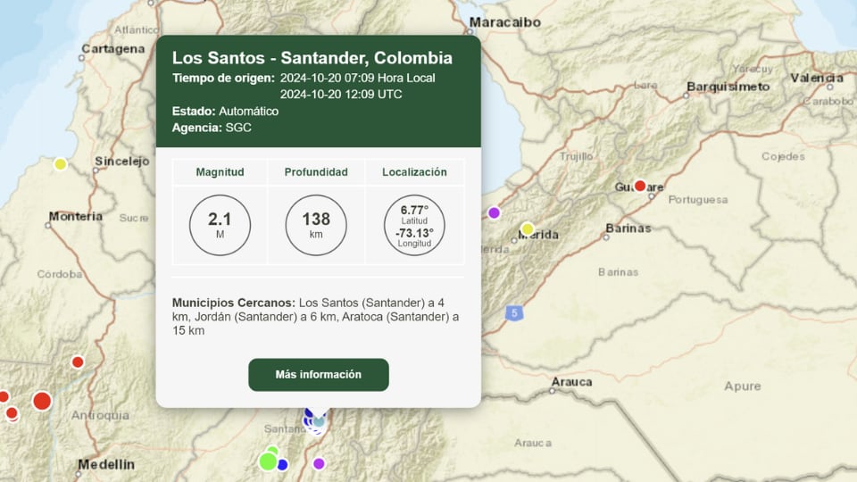 En las primeras horas del 20 de octubre se reportaron tres sismos, dos de los cuales fueron en el sector de Los Santos, Santander - crédito SGC