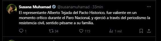 Ministra de Medio Ambiente reaccionó a la muerte del periodista y representante del Pacto Histórico, José Alberto Tejada, y lo tildó de "valiente"- crédito @SusanaMuhamad/x