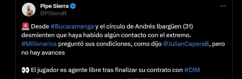 Millonarios tendría trabadas las negociaciones para contratar a Andrés Ibargüen, el extremo que necesita para la temporada 2024 - crédito @PSierraR