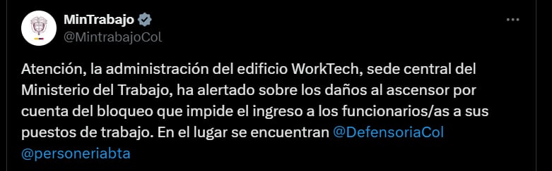 Ministerio del Trabajo denunció afectaciones en el ascensor por parte de los manifestantes - crédito @MintrabajoCol/X