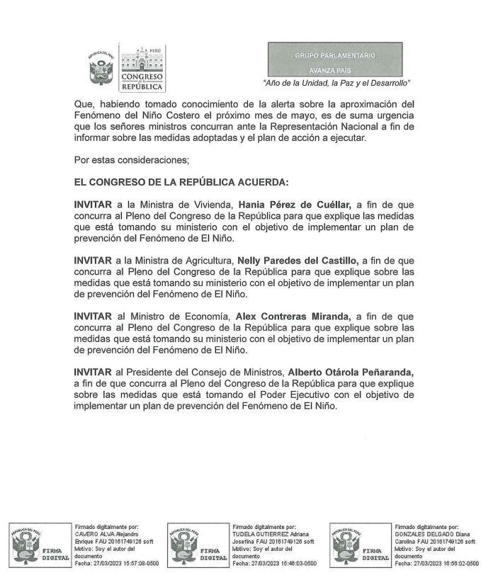 Moción presentada para invitar al premier Alberto Otárola y ministros de Estado.