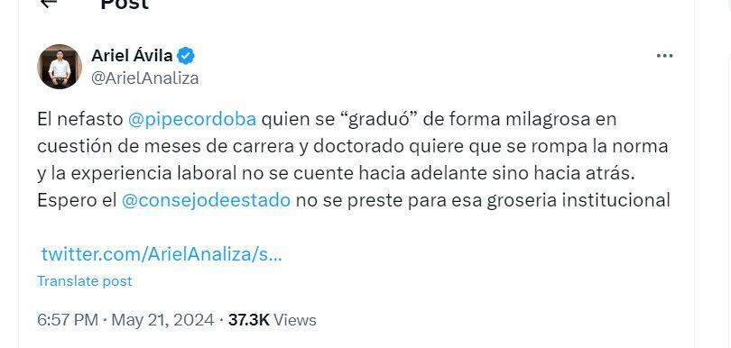 Ariel Ávila cuestionó los estudios del excontralor Carlos Felipe Córdoba Larrarte - crédito @ArielAnaliza