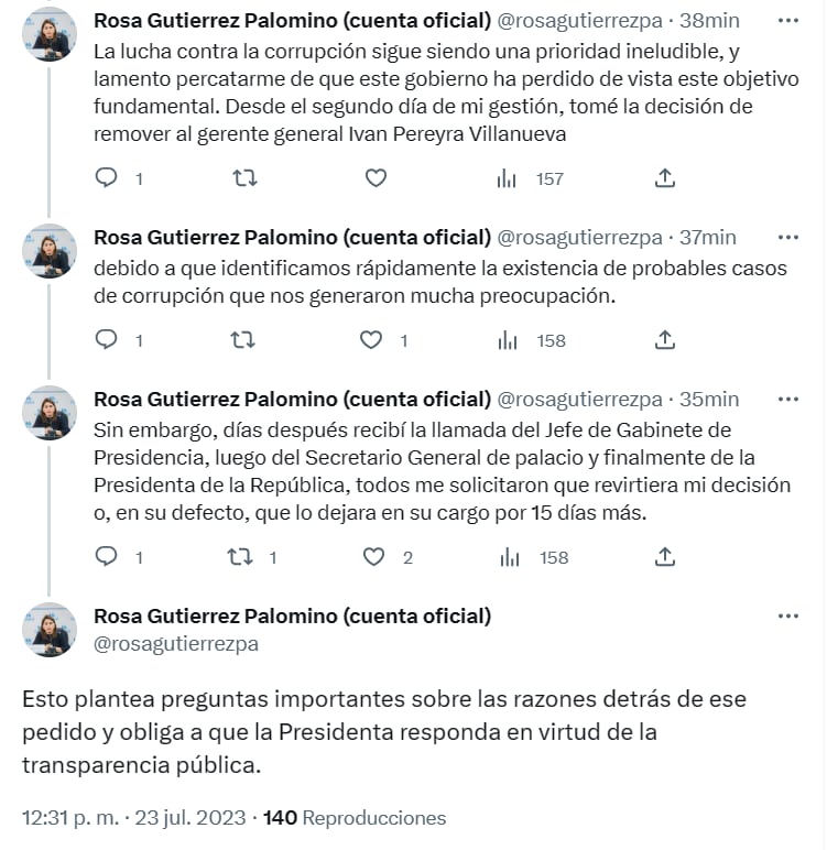 Tuit de Rosa Gutiérrez tras ser removida del cargo.