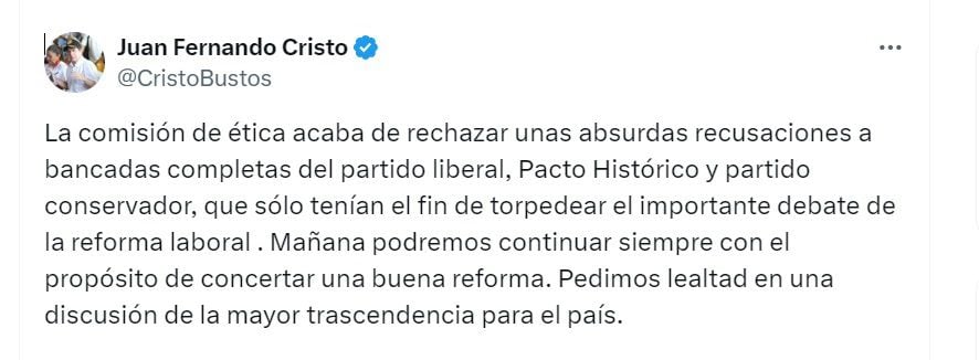 Juan Fernando Cristo, ministro del Interior, cree que se necesita lealtad para debatir el proyecto de reforma laboral del Gobierno Petro - crédito @CristoBustos/X