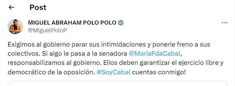 El congresista responsabilizó al Gobierno nacional por cualquier acto contra María Fernanda Cabal - crédito red social X