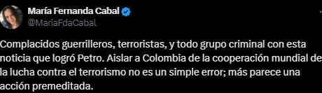 María Fernanda Cabal aseguró que Gustavo Petro consiguió aislar al país y dejarlo solo en la lucha contra el narcotráfico y el lavado de activos - crédito @MariaFdaCabal/X