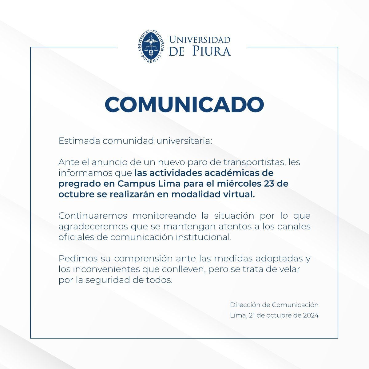 Comunicado de la Universidad de Piura.