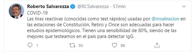 El tweet del ministro Salvarezza sobre los tests rápidos (Twitter: @RCSalvarezza)