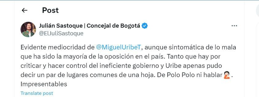 Julián Sastoque crítica el discurso de Miguel Uribe Turbay y también el de Polo Polo - crédito @ElJuliSastoque