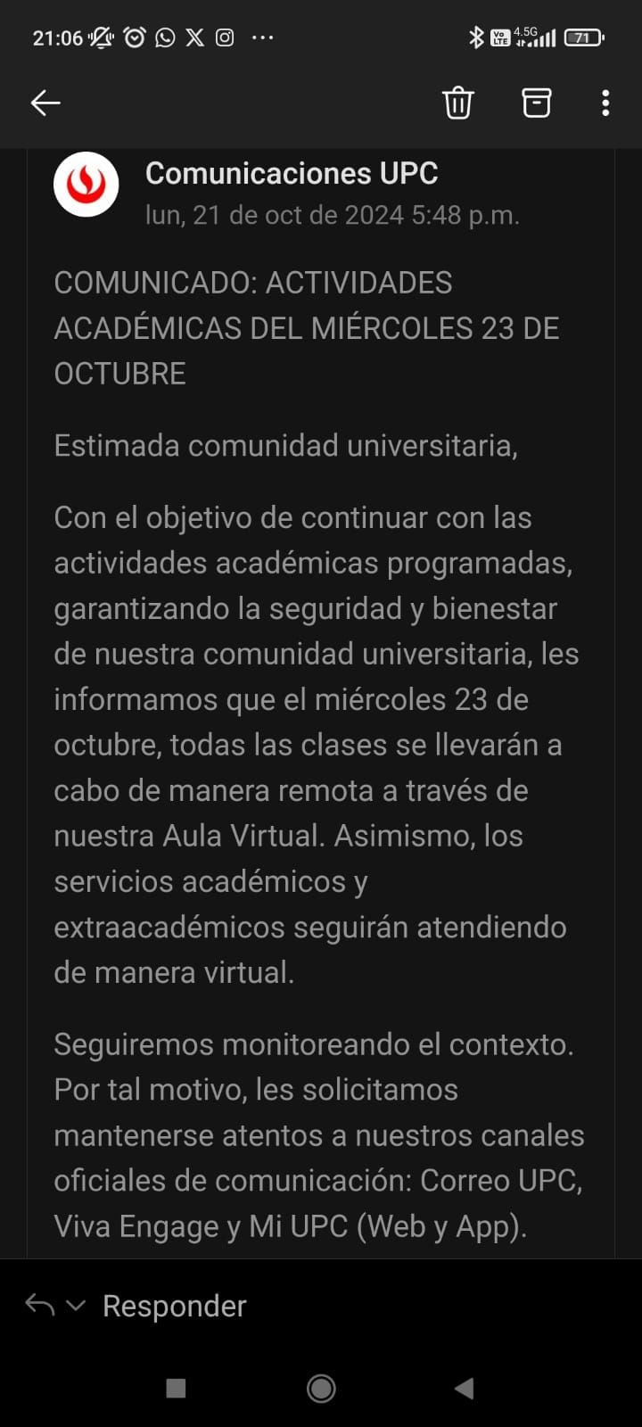 Comunicado de la UPC.