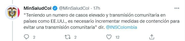 Tweet del Ministerio de Salud que cita las palabras de la directora del Instituto Nacional de Salud.