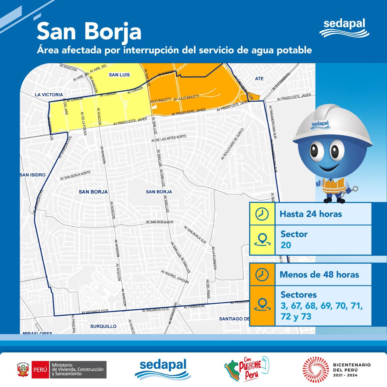 Mapa de las zonas que serán afectadas por el corte de agua en San Borja y horarios en que se suspenderá el servicio | Crédito: Sedapal.