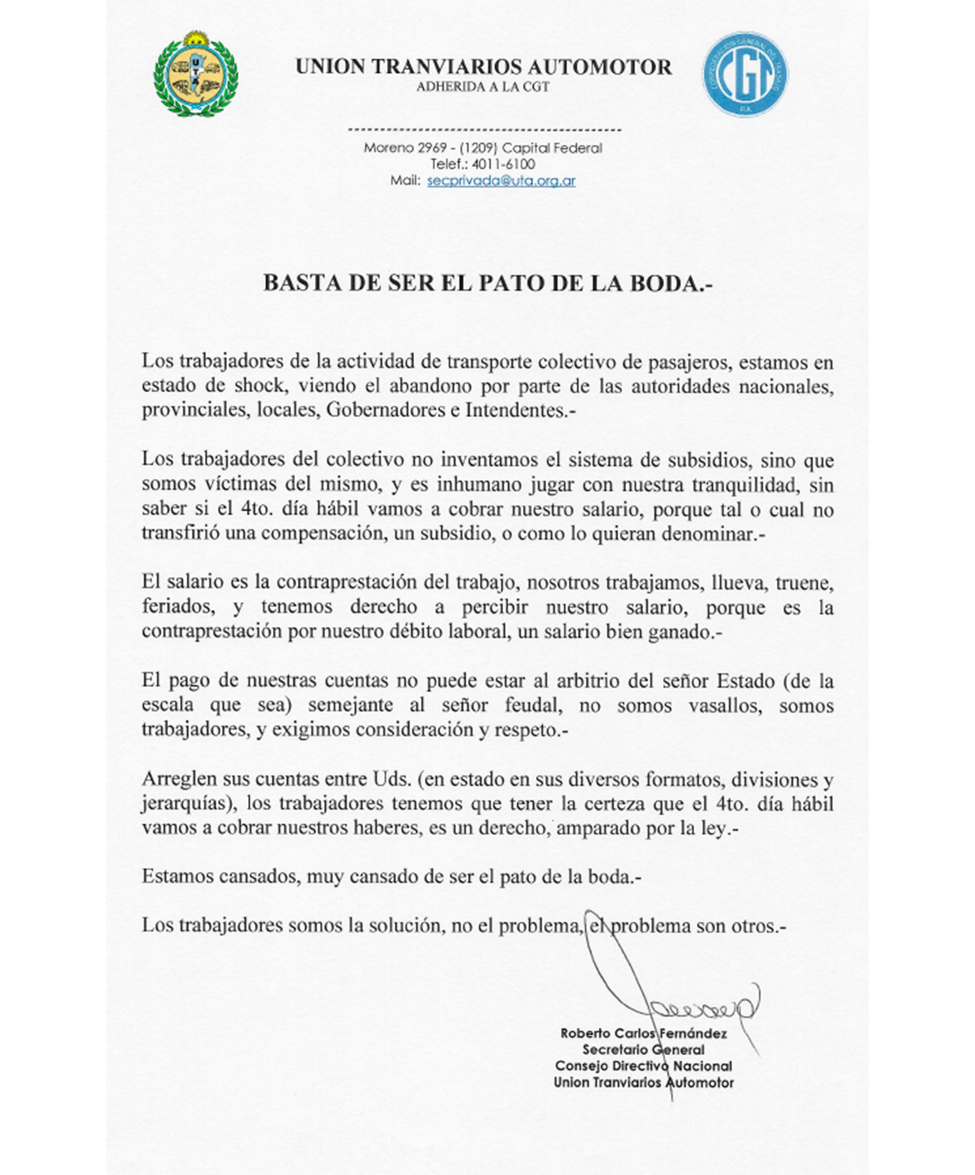 Comunicado UTA enero