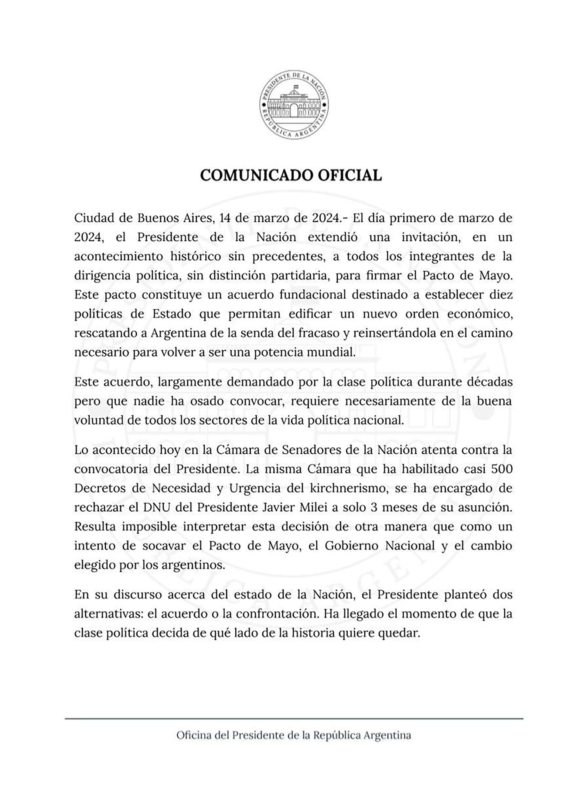 comunicado de Javier Milei luego del rechazo del DNU en el Senado