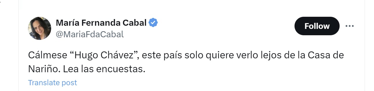 María Fernanda Cabal llamó a Gustavo Petro "Hugo Chávez" - crédito @MariaFdaCabal/X