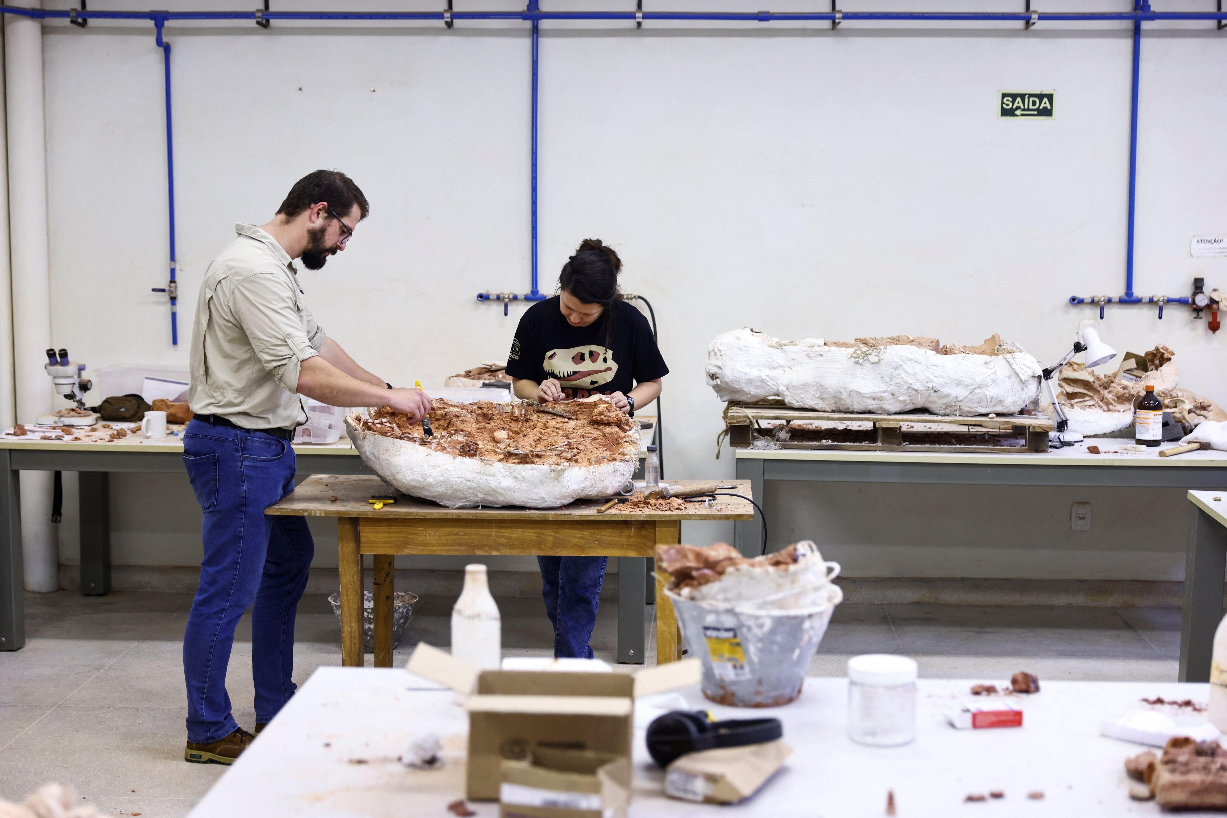 El paleontólogo de la Universidad Federal de Santa María, Rodrigo Temp Müller, trabaja en un bloque con fósiles en el laboratorio Cappa (Reuters)