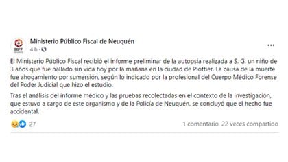 El Ministerio Público Fiscal (MPF) de Neuquén brindó los primeros detalles de la autopsia realizada al niño en un informe preliminar publicado horas después del hecho. 