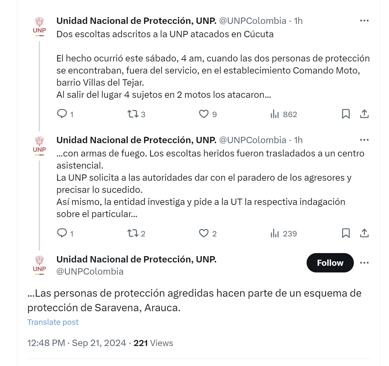 La UNP pidió investigar el atentado a los escoltas para dar con el paradero de los agresores - crédito @UNPColombia/X