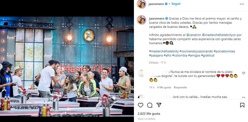 Jair Romero und seine Botschaft, nachdem er 2022 aus MasterChef Celebrity Colombia eliminiert wurde. Foto: Instagram @jaoromero