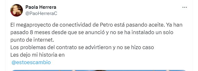 Paola Herrera cuestiona la transparencia de un proyecto para conectar 400.000 hogares colombianos - crédito @PaoHerreraC/X