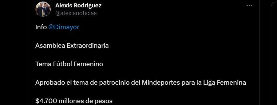 El Ministerio del Deporte ya habría dado el dinero a Dimayor para la Liga Femenina - crédito @alexisnoticias/X