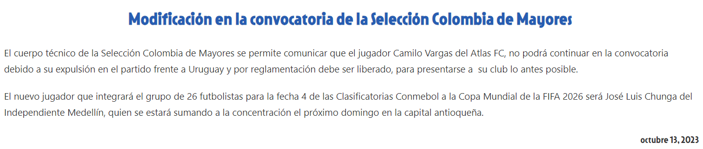 Este es el comunicado sobre la convocatoria de José Chunga en reemplazo de Camilo Vargas - crédito FCF