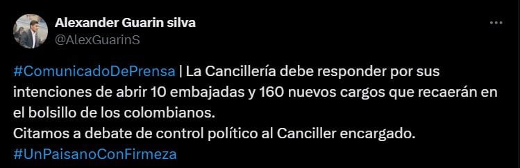 El congresista Alexánder Guerín citó a debate de control al canciller encargado - crédito Alexánder Guarín / X