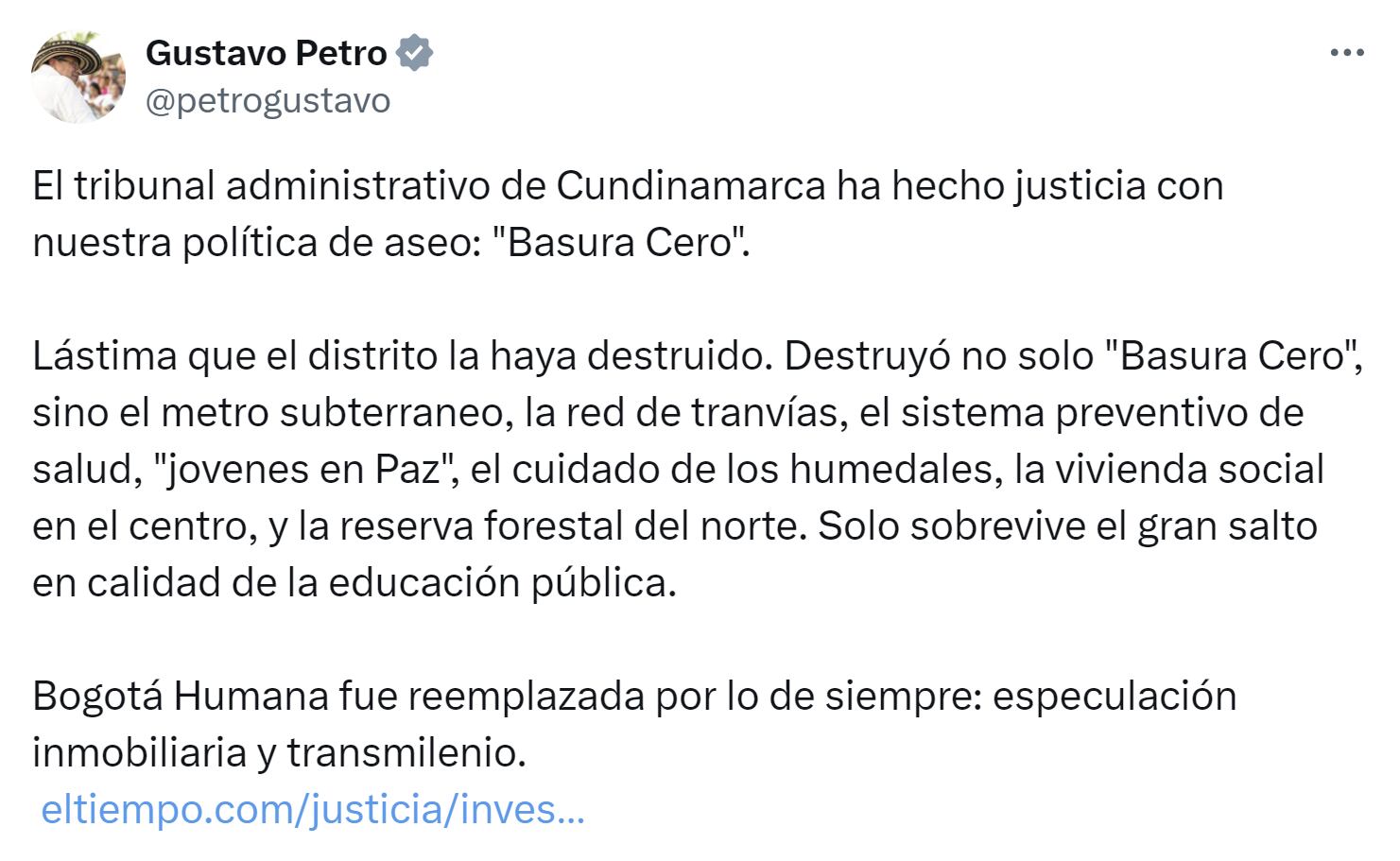 Tras anularse la multa que le impuso la Contraloría por el programa Basura Cero en la capital, el presidente lamentó que no se hubiera implementado en el distrito