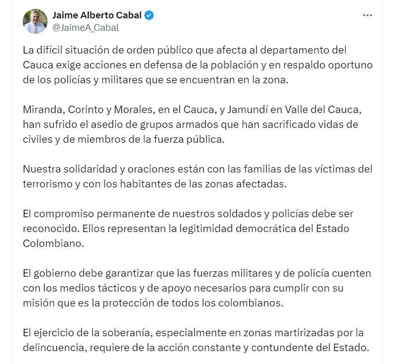 Jaime Cabal, presidente de Fenalco, aseguró que el Gobierno debe garantizar que las Fuerzas Militares y de Policía cuenten con los medios para cumplir con la protección de los colombianos - crédito  @JaimeA_Cabal/X