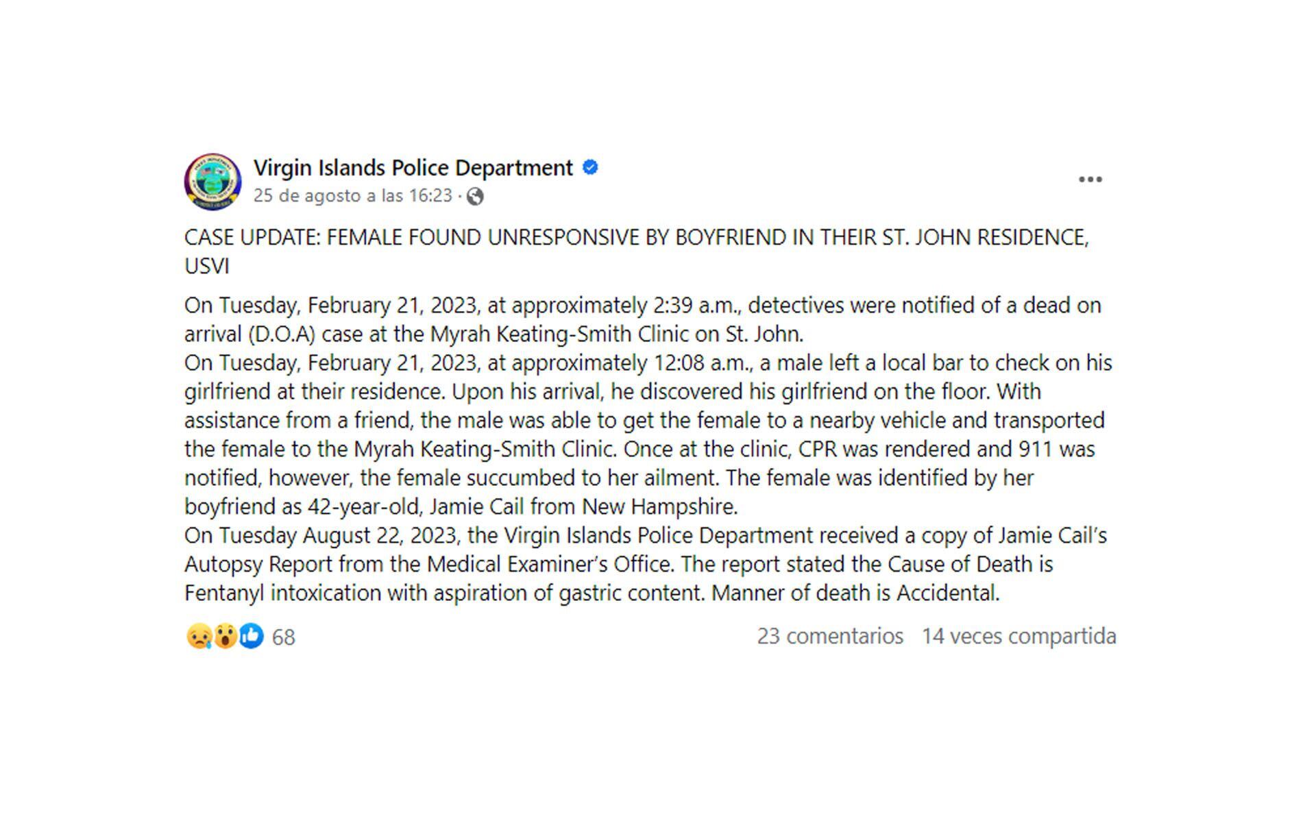 La publicación de la Policía de Islas Vírgenes sobre la muerte de Jamie Cail.