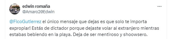 Usuarios de redes sociales criticaron a Gutiérrez por el manejo de la situación - crédito @Amaro20Edwin/X