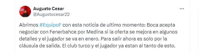 Augusto César anticipó la condición de Boca Juniors para vender a Cristian Medina