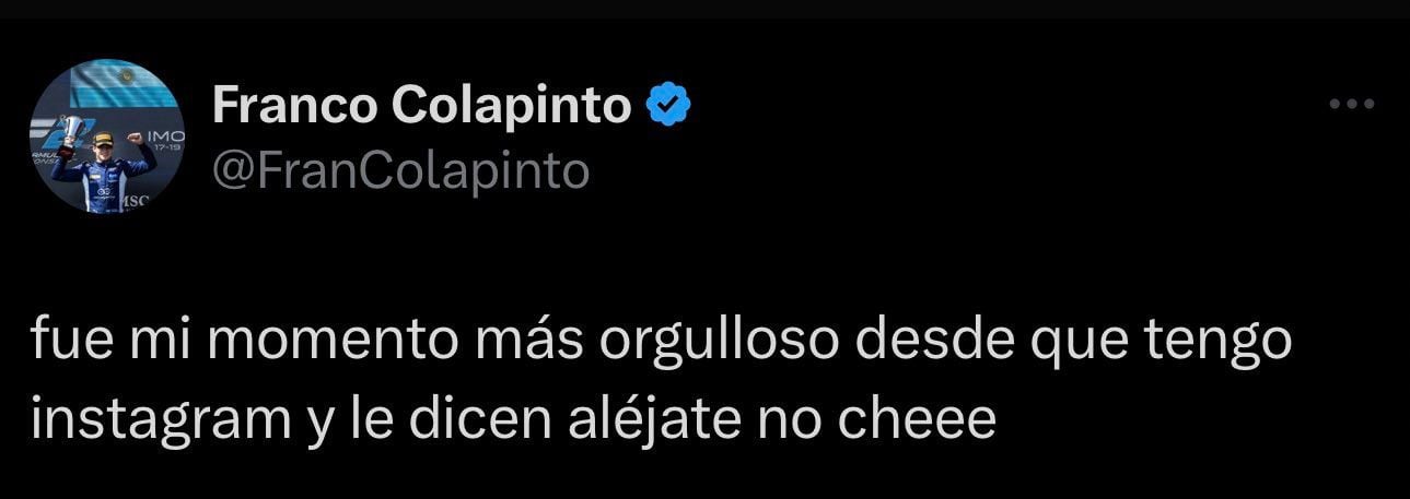 A los pocos minutos Franco Colapinto borró el tweet (Fuente: X/@FranColapinto)