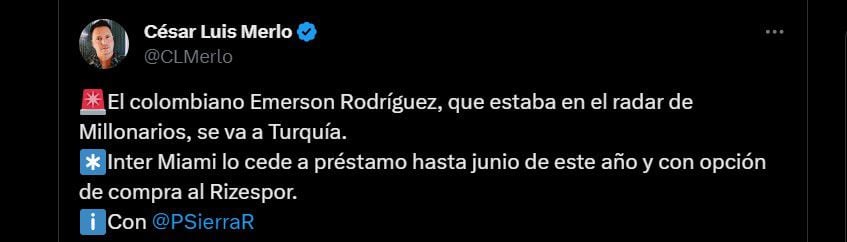 Rizespor de Turquía era el primer destino que Emerson Rodríguez tenía antes de Millonarios - crédito @CLMerlo/X