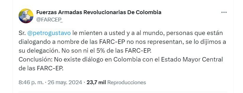 Disidencias afirmaron que representantes en los diálogos con el Estado no los representan - crédito @FARCEP_