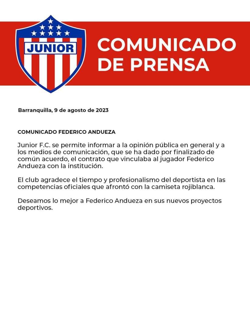 Federico Andueza rescindió su contrato con Junior luego de seis meses en el equipo y perder protagonismo.