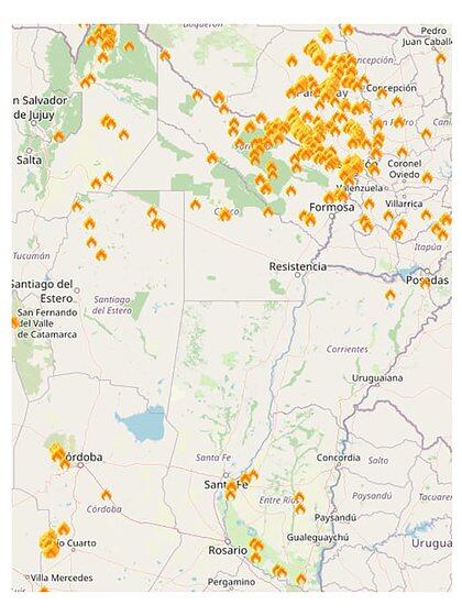 Mapa de los incendios que se están registrando en la Argentina (Inta Castelar)